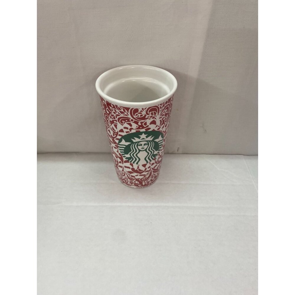 Starbucks 2016 Holiday Red White Filigree Ceramic Travel Tumbler Mug 12oz No Lid